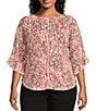 Color:Animal Trails - Image 1 - Plus Size Knit Animals Trails Print Crew Neck 3/4 Ruffle Sleeve Top