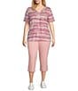 Color:Pink Soft Stripe - Image 3 - Plus Size Knit Stripe Short Sleeve V-Neck Top