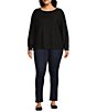 Westbound Plus Size Long Sleeve Button Cuff Crew Neck Pocket Top, Color:Black - Image 3