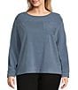 Westbound Plus Size Long Sleeve Button Cuff Crew Neck Pocket Top, Color:Dark Denim - Image 1