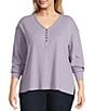 Westbound Plus Size Long Sleeve Henley Neck Top, Color:Heirloom Lilac - Image 1
