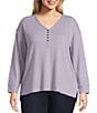 Westbound Plus Size Long Sleeve Henley Neck Top, Color:Heirloom Lilac - Image 3