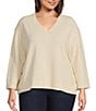Westbound Plus Size Long Sleeve V-Neck Button Side Top, Color:Buttercream - Image 1