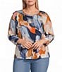 Westbound Plus Size Multi Painted Brushstroke 3/4 Sleeve Knit Crew Neck Top - Image 1