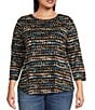 Color:Linear Stamp - Image 1 - Plus Size Printed Knit Crew Neck Round Hem 3/4 Sleeve Tee Shirt