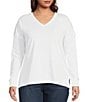 Color:White - Image 1 - Plus Size Ribbed Knit V-Neck Long Sleeve Pullover Top