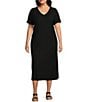 Color:Black - Image 1 - Plus Size Short Roll-Tab Sleeve V-Neck Midi Dress