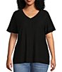 Color:Black - Image 1 - Plus Size Short Sleeve Seam V-Neck Relaxed Tee Shirt
