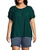 Color:Rain Forest - Image 1 - Plus Size Sleeveless Y-Neck Ruched Curved High-Low Hem Henley Top