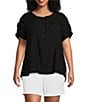 Color:Black - Image 1 - Plus Size Sleeveless Y-Neck Ruched Curved High-Low Hem Henley Top