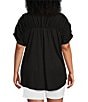 Color:Black - Image 2 - Plus Size Sleeveless Y-Neck Ruched Curved High-Low Hem Henley Top