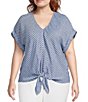 Westbound Plus Size Stripe Short Sleeve V-Neck Tie Front Top, Color:Blue/White Stripe - Image 1
