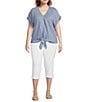 Westbound Plus Size Stripe Short Sleeve V-Neck Tie Front Top, Color:Blue/White Stripe - Image 3