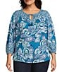 Westbound Plus Size Woven Celestial Spiced Mix Paisley 3/4 Sleeve V-Neck Tie Top, Color:Celestial Spice/Mix Paisley - Image 1