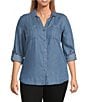 Color:Medium Wash Indigo - Image 1 - Plus Size Woven Chambray Long Roll-Tab Sleeve Point Collar Y-Neck Button Front Shirt