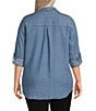 Color:Medium Wash Indigo - Image 2 - Plus Size Woven Chambray Long Roll-Tab Sleeve Point Collar Y-Neck Button Front Shirt