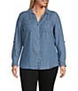 Color:Medium Wash Indigo - Image 3 - Plus Size Woven Chambray Long Roll-Tab Sleeve Point Collar Y-Neck Button Front Shirt