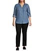 Color:Medium Wash Indigo - Image 4 - Plus Size Woven Chambray Long Roll-Tab Sleeve Point Collar Y-Neck Button Front Shirt