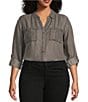 Color:Grey Denim - Image 1 - Plus Size Woven Chambray Long Roll-Tab Sleeve Point Collar Y-Neck Button Front Shirt