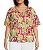 Color:Bright Floral - Image 1 - Plus Size Woven Floral Short Sleeve Y-Neck Button Front Top