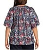 Color:Navy Animal - Image 2 - Plus Size Woven Short Sleeve Y-Neck Button Front Top