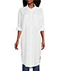 Color:White - Image 1 - Point Collar Neck 3/4 Roll-Tab Sleeve Button Front Woven Tunic