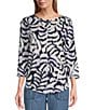 Color:Palm Leaves - Image 1 - Printed Knit 3/4 Sleeve Crew Neck Rounded Hem Top