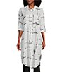 Color:Painterly Splatter - Image 1 - Printed Point Collar Long Roll-Tab Sleeve Button Front Woven Tunic