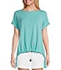 Color:Amazont Blue - Image 1 - Short Sleeve Boat Neck Scrunched Waist Tie Side Top