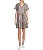 Color:Chalkboard Stripe - Image 1 - Short Sleeve V-Neck Chalkboard Stripe Print Tiered A-Line Dress
