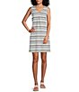 Color:Blue Neutral Stripe - Image 1 - Stripe V-Neck Sleeveless Linen Frayed Hem Pleated Shift Dress