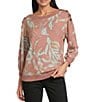 Westbound Sunset Leaf Print Knit Long Sleeve Button Shoulder Pullover Top, Color:Tea Rose Sunset Leaf - Image 1