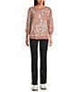 Westbound Sunset Leaf Print Knit Long Sleeve Button Shoulder Pullover Top, Color:Tea Rose Sunset Leaf - Image 3