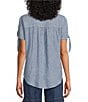 Color:Blue Railroad Stripe - Image 2 - Tie Short Sleeve Striped Pleated Y-Neck Top