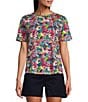 Color:Vibrant Blooms - Image 1 - Vibrant Blooms Print Knit Short Sleeve Crew Neck Tee Shirt