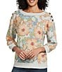 Westbound Watercolor Floral Print Knit Long Sleeve Button Shoulder Pullover Top - Image 1
