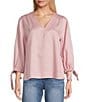 Westbound Woven 3/4 Tie Sleeve V-Neck Top, Color:Zephyr - Image 1