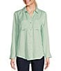 Color:Mist Green - Image 1 - Woven Long Roll-Tab Sleeve Point Collar Y-Neck Button Front Shirt