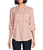 Color:Powder Pink - Image 1 - Woven Long Roll-Tab Sleeve Point Collar Y-Neck Button Front Shirt