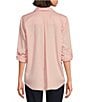 Color:Powder Pink - Image 2 - Woven Long Roll-Tab Sleeve Point Collar Y-Neck Button Front Shirt