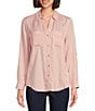 Color:Powder Pink - Image 3 - Woven Long Roll-Tab Sleeve Point Collar Y-Neck Button Front Shirt