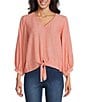 Color:Coral Quartz - Image 1 - Woven Long Sleeve V-Neck Pullover Tie Front Top