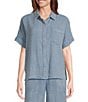Westbound Woven Short Sleeve Button Front Top, Color:Dark Denim - Image 1