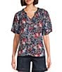 Color:Navy Animal - Image 1 - Woven Short Sleeve Y-Neck Button Front Top
