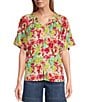 Color:Bright Floral - Image 1 - Woven Short Sleeve Y-Neck Button Front Top