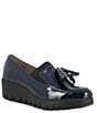 Color:Navy Patent - Image 1 - Alba Patent Leather Gored Slip-On Platform Wedge Tassel Loafers
