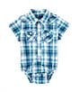 Color:Turquoise - Image 1 - Wrangler® Baby Boys Newborn-9 Months Short Sleeve Plaid Woven Bodysuit