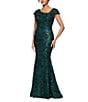 Xscape Asymmetrical Neck Sequin Soutache Lace Cap Sleeve Gown, Color:Hunter - Image 3