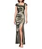 Xscape Asymmetrical Neck Taffeta Gown, Color:Olive - Image 1