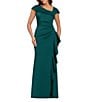 Xscape Asymmetrical Neckline Cap Sleeve Ruched Ruffle Front Scuba Crepe Gown - Image 1
